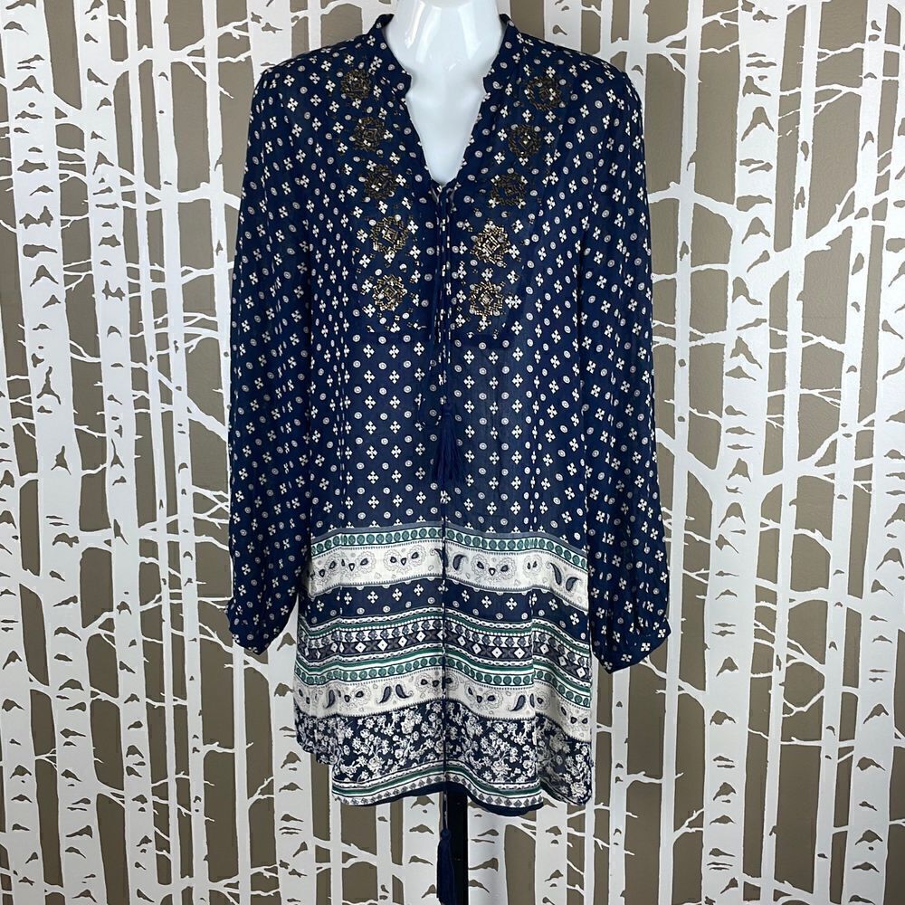 Chelsea & Violet Boho Navy & White Square Brass Sequin Semi-Sheer Tunic Top sz S